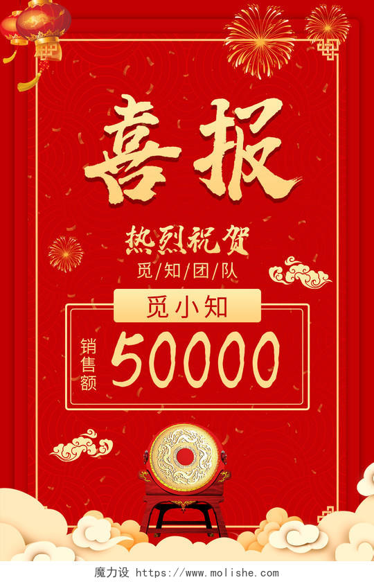 红色喜庆喜报热烈祝贺销售额50000海报行业模板